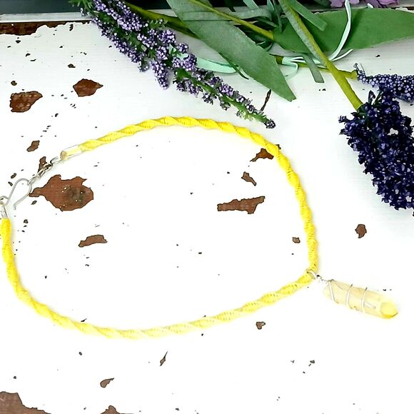 Aura Quartz Macrame Crystal Choker Necklace, Yellow Dainty Boho Chic Minimalist - Picture 4 of 7